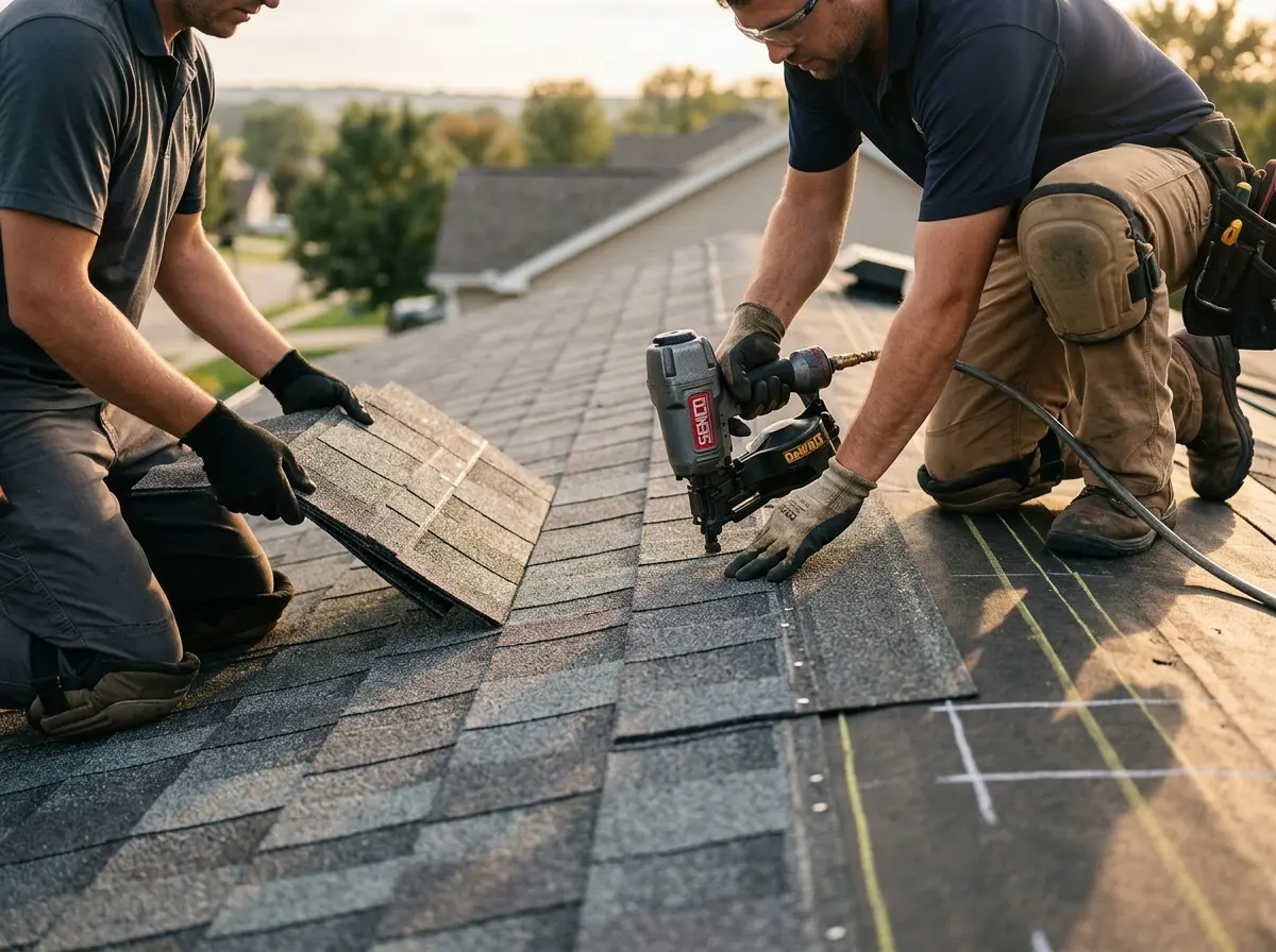 Professional roofer working on a residential roof in Lindenhurst